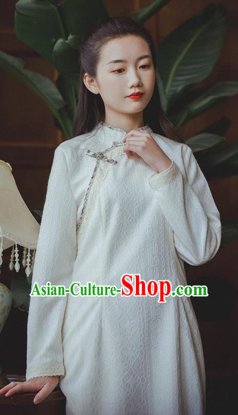 Chinese Traditional White Lace Cheongsam Clothing National Modern Dance Qipao Dress