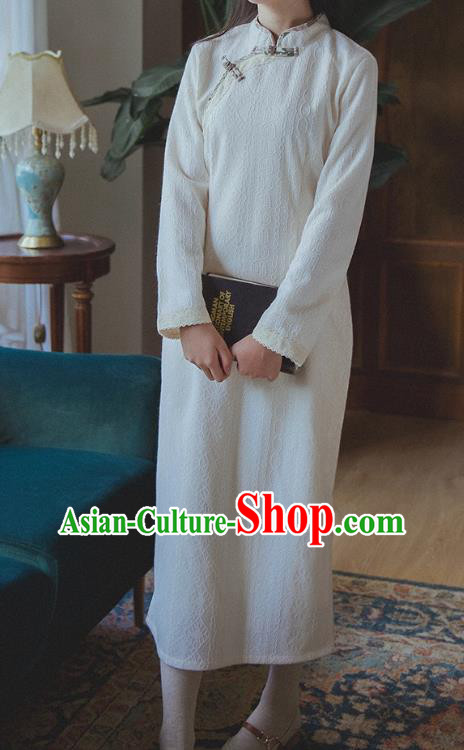 Chinese Traditional White Lace Cheongsam Clothing National Modern Dance Qipao Dress