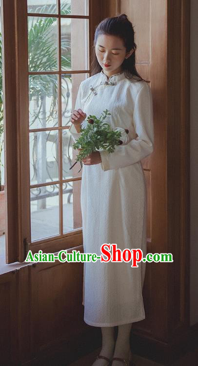 Chinese Traditional White Lace Cheongsam Clothing National Modern Dance Qipao Dress