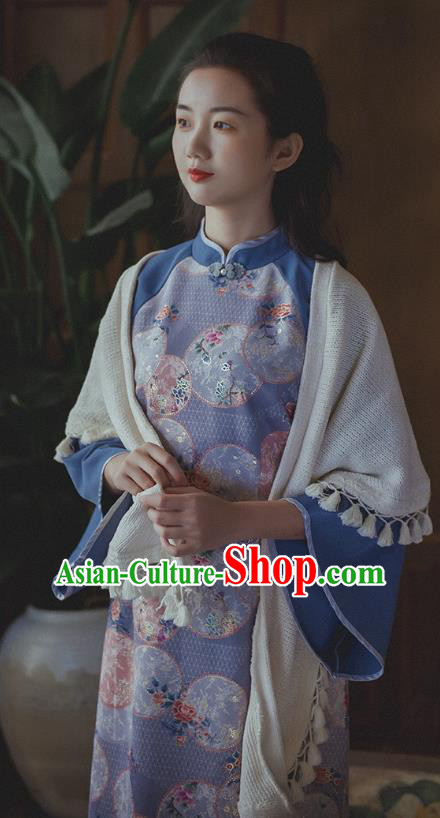 Chinese Traditional Stand Collar Cheongsam Clothing National Printing Blue Wide Sleeve Qipao Dress