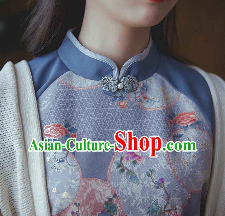 Chinese Traditional Stand Collar Cheongsam Clothing National Printing Blue Wide Sleeve Qipao Dress