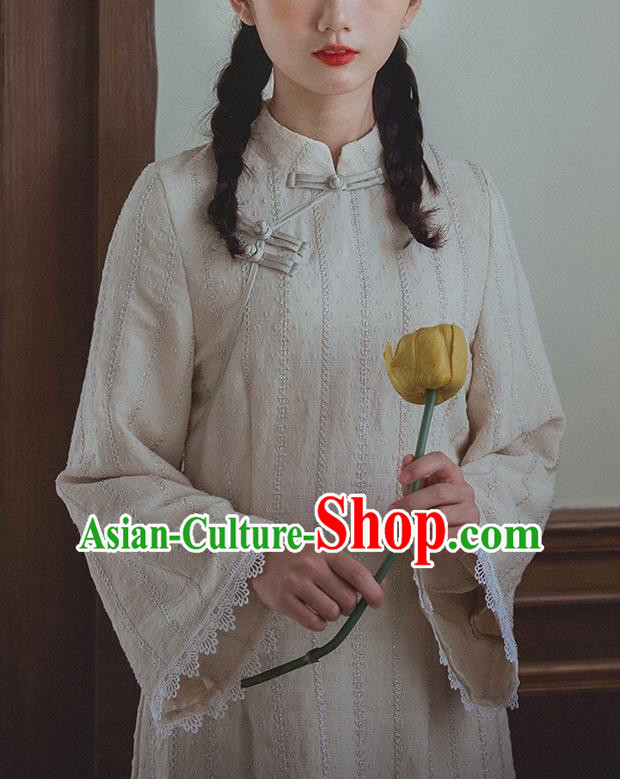 Chinese Traditional White Lace Cheongsam Clothing National Young Woman Qipao Dress