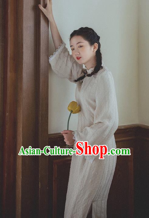 Chinese Traditional White Lace Cheongsam Clothing National Young Woman Qipao Dress
