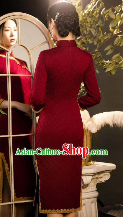 Chinese Traditional Wine Red Knitted Cheongsam Classical Wedding Women Qipao Dress