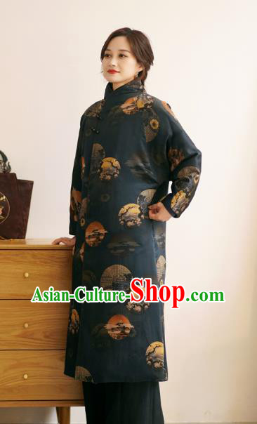 China Winter Women Navy Silk Clothing Tang Suit Overcoat National Classical Cotton Wadded Coat