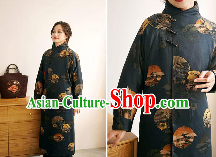 China Winter Women Navy Silk Clothing Tang Suit Overcoat National Classical Cotton Wadded Coat