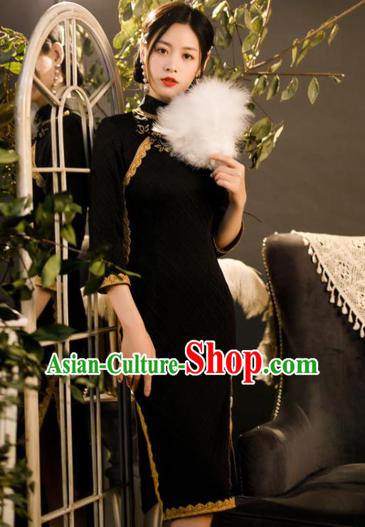 Chinese Classical Dance Women Qipao Dress Traditional Knitted Black Cheongsam