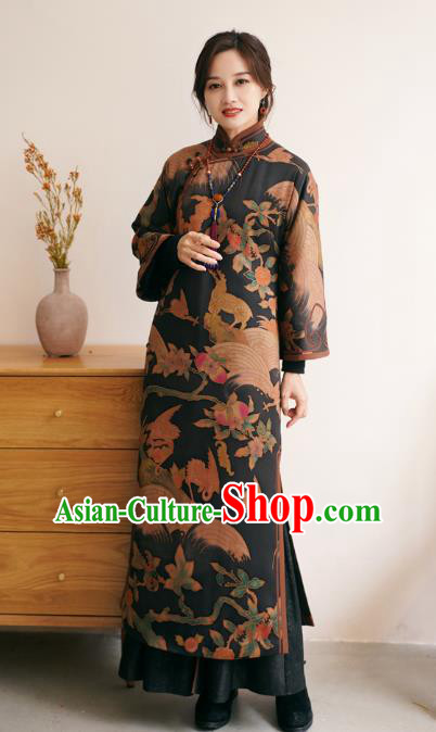 China Female Printing Long Cheongsam Winter Black Silk Qipao Dress