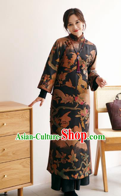 China Female Printing Long Cheongsam Winter Black Silk Qipao Dress