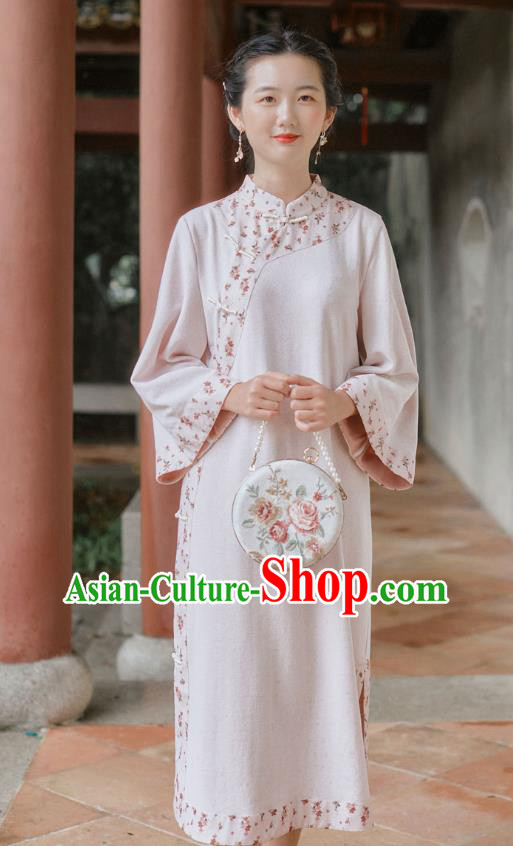 Chinese Traditional Wide Sleeve Cheongsam Clothing National Young Lady Light Pink Qipao Dress