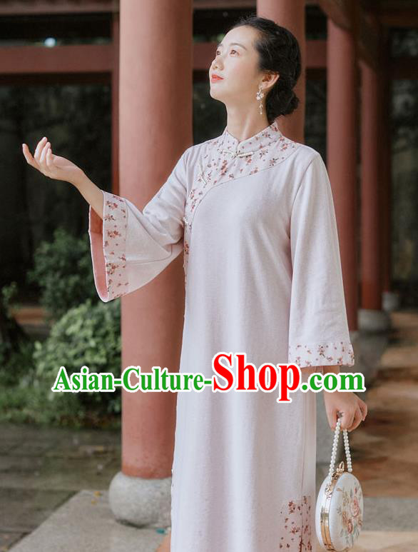 Chinese Traditional Wide Sleeve Cheongsam Clothing National Young Lady Light Pink Qipao Dress