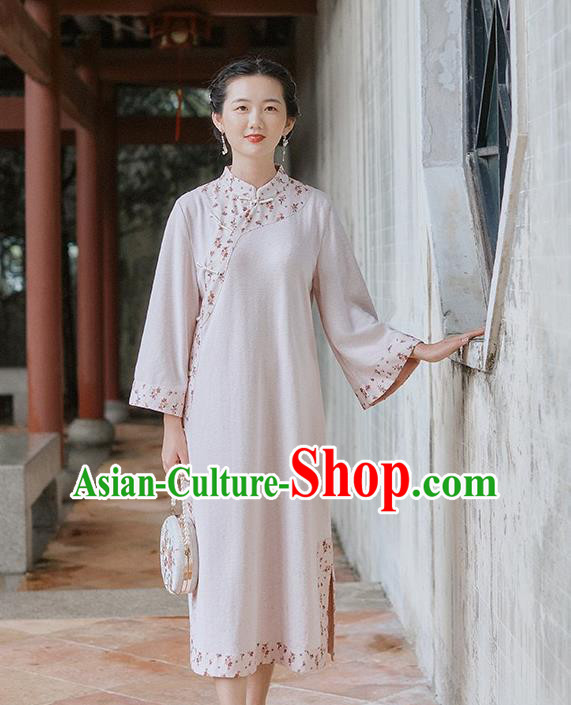 Chinese Traditional Wide Sleeve Cheongsam Clothing National Young Lady Light Pink Qipao Dress