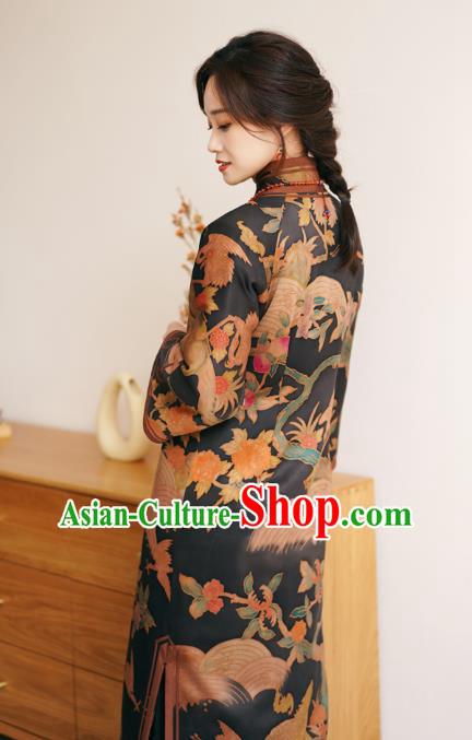 China Female Printing Long Cheongsam Winter Black Silk Qipao Dress