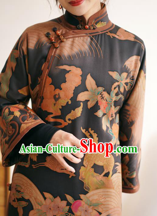 China Female Printing Long Cheongsam Winter Black Silk Qipao Dress