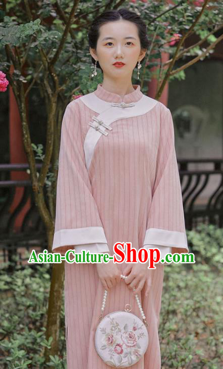 Chinese Traditional Young Lady Wide Sleeve Cheongsam Clothing National Pink Woolen Qipao Dress
