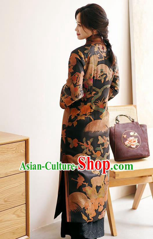 China Female Printing Long Cheongsam Winter Black Silk Qipao Dress