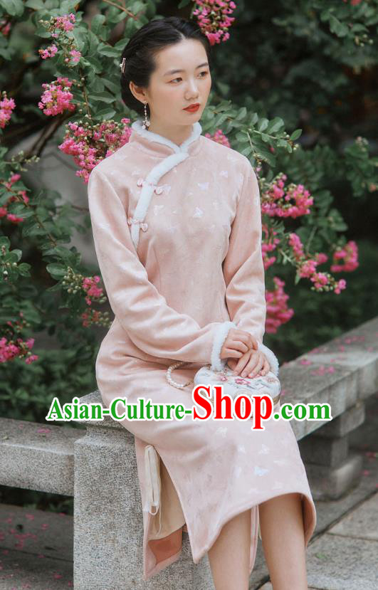 Chinese Traditional Winter Young Lady Cheongsam Clothing National Pink Suede Qipao Dress