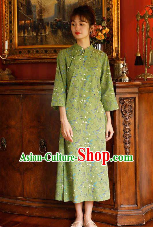 Chinese Zen Clothing Traditional Young Lady Cheongsam National Green Flax Qipao Dress