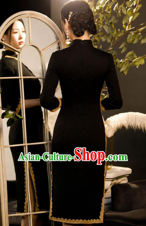 Chinese Classical Dance Women Qipao Dress Traditional Knitted Black Cheongsam
