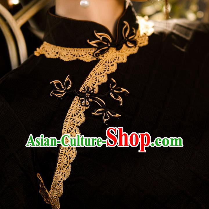 Chinese Classical Dance Women Qipao Dress Traditional Knitted Black Cheongsam
