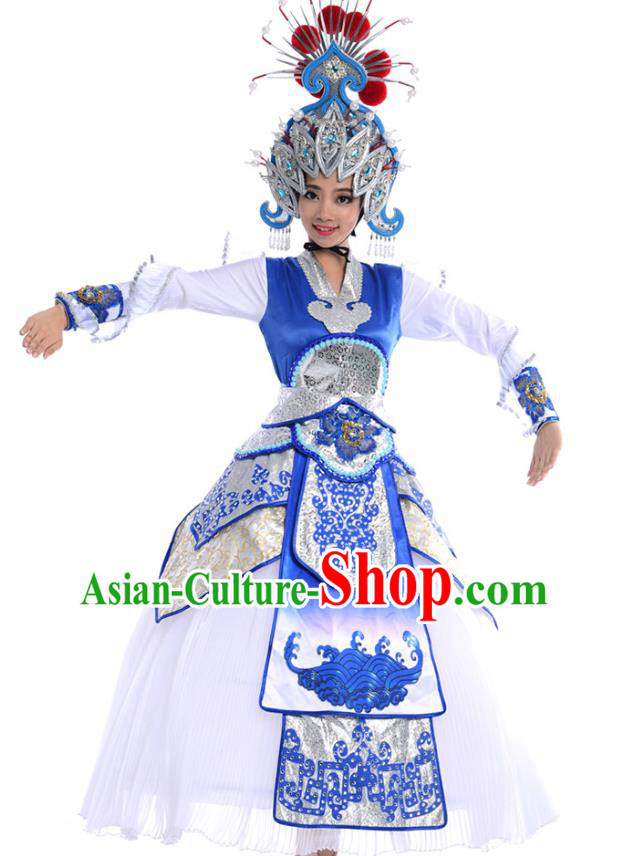 China Beijing Opera Stage Performance Actress Costume Traditional Peking Opera Blues White Dress