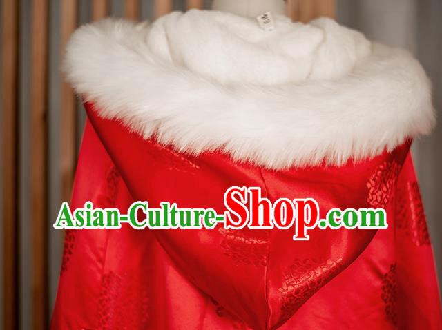 Chinese Traditional Winter Red Satin Long Cape Ancient Princess Cloak Clothing