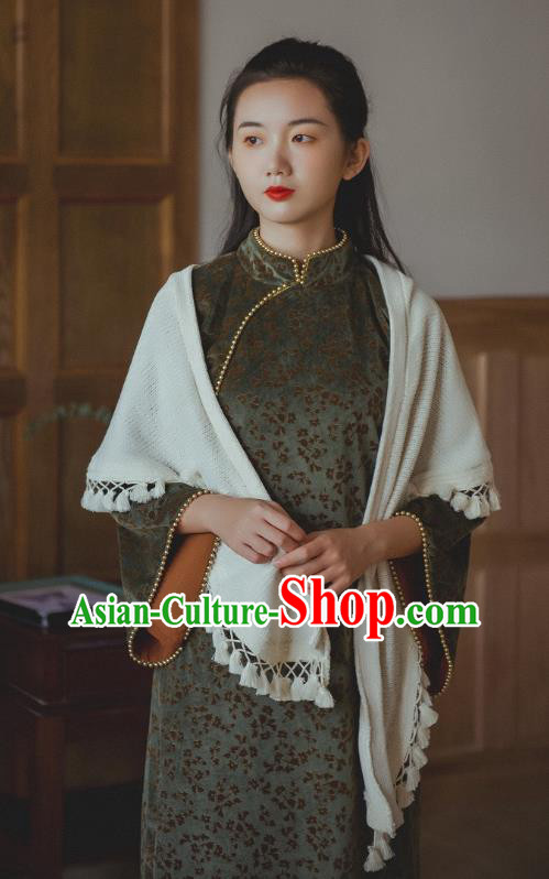 Chinese Traditional Atrovirens Velvet Cheongsam Clothing National Shanghai Woman Wide Sleeve Qipao Dress