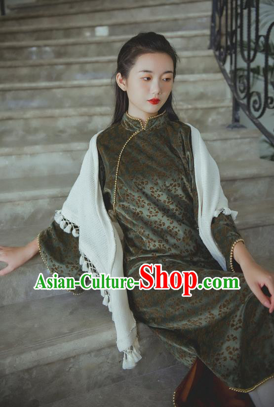 Chinese Traditional Atrovirens Velvet Cheongsam Clothing National Shanghai Woman Wide Sleeve Qipao Dress