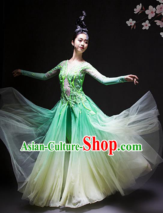 China Woman Solo Dance Costume Traditional Modern Dance Stage Performance Green Dress