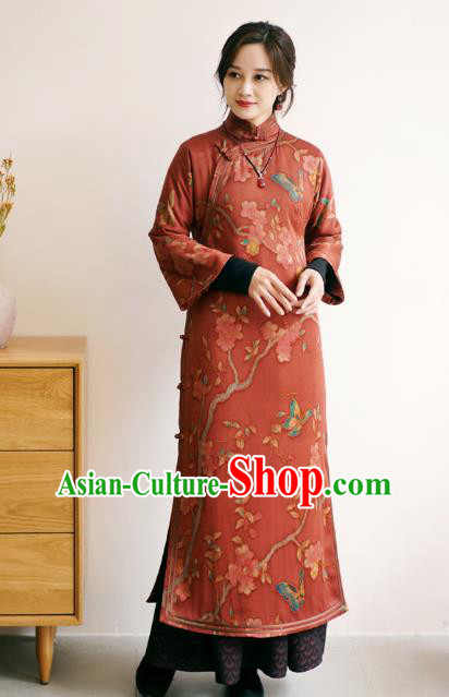 China Long Cheongsam Classical Pear Blossom Pattern Red Silk Qipao Dress