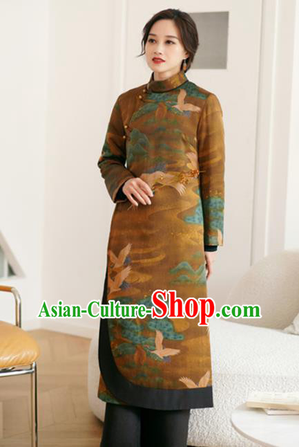 China Winter Tang Suit Outer Garment National Ginger Silk Dust Coat Women Cotton Wadded Coat