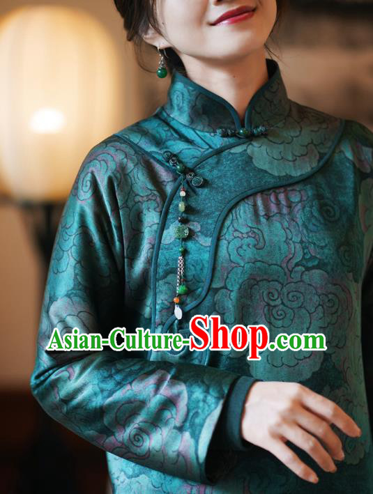 China Classical Clouds Pattern Green Silk Qipao Dress Winter Long Cheongsam