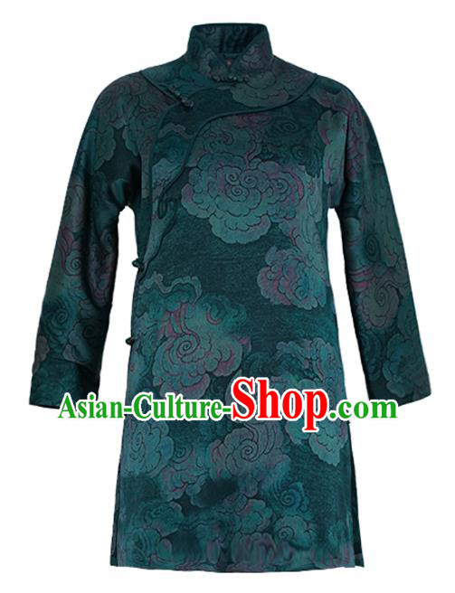 China Classical Clouds Pattern Green Silk Qipao Dress Winter Long Cheongsam