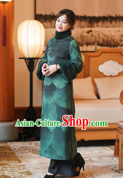 China Tang Suit Cotton Wadded Coat National Green Silk Clothing Classical Women Overcoat