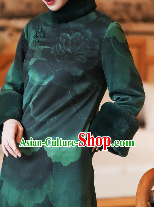 China Tang Suit Cotton Wadded Coat National Green Silk Clothing Classical Women Overcoat