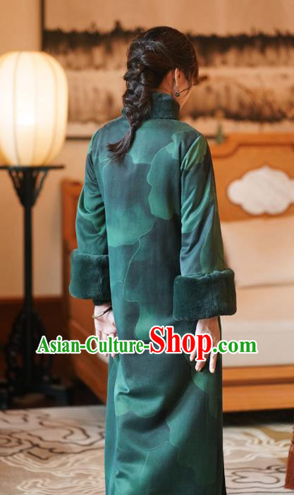 China Tang Suit Cotton Wadded Coat National Green Silk Clothing Classical Women Overcoat