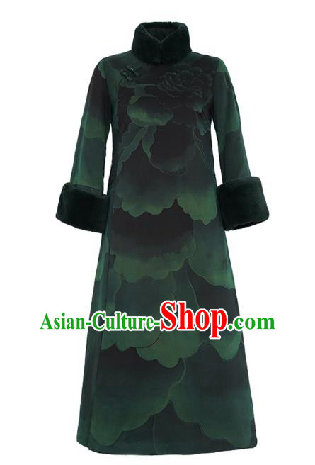 China Tang Suit Cotton Wadded Coat National Green Silk Clothing Classical Women Overcoat