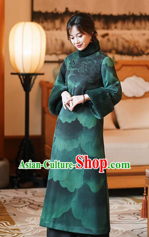 China Tang Suit Cotton Wadded Coat National Green Silk Clothing Classical Women Overcoat