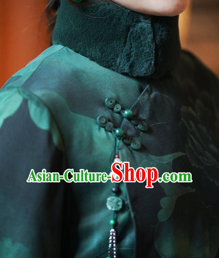 China Tang Suit Cotton Wadded Coat National Green Silk Clothing Classical Women Overcoat