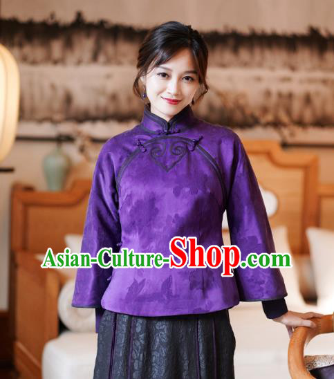 China Classical Peony Butterfly Pattern Purple Silk Jacket Tang Suit Overcoat National Cotton Wadded Coat