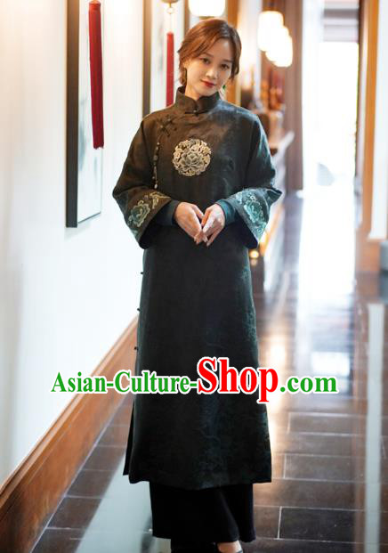 China National Cotton Wadded Coat Classical Embroidered Peony Dark Green Silk Gown Tang Suit Overcoat
