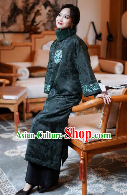 China National Cotton Wadded Coat Classical Embroidered Peony Dark Green Silk Gown Tang Suit Overcoat