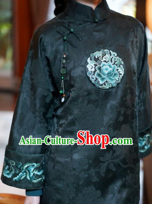 China National Cotton Wadded Coat Classical Embroidered Peony Dark Green Silk Gown Tang Suit Overcoat