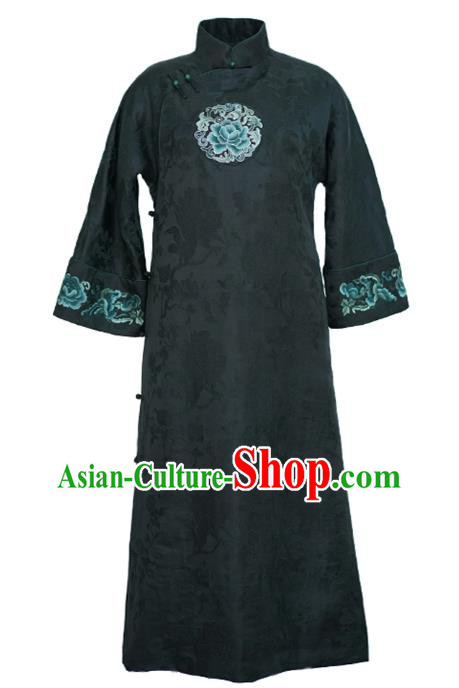 China National Cotton Wadded Coat Classical Embroidered Peony Dark Green Silk Gown Tang Suit Overcoat