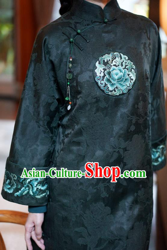 China National Cotton Wadded Coat Classical Embroidered Peony Dark Green Silk Gown Tang Suit Overcoat