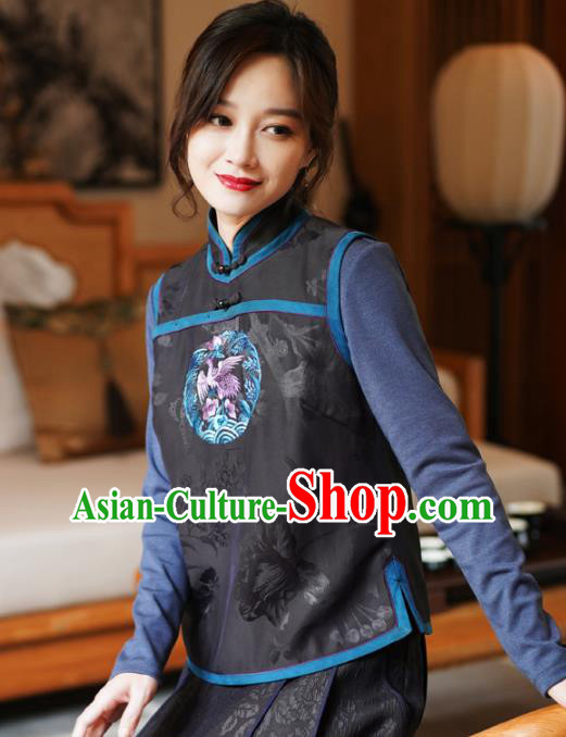 Chinese Classical Embroidered Black Silk Vest National Women Tang Suit Waistcoat Upper Outer Garment