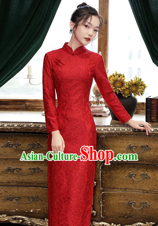 Chinese Traditional National Costume Bride Cheongsam Classical Wedding Dark Red Lace Qipao Dress