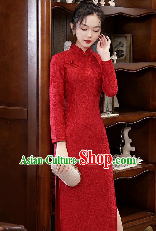 Chinese Traditional National Costume Bride Cheongsam Classical Wedding Dark Red Lace Qipao Dress