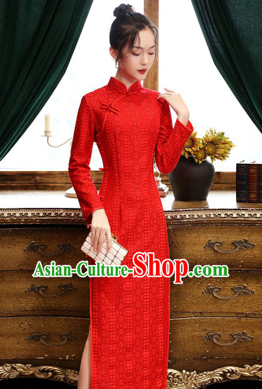 Chinese Bride Red Cheongsam Classical Wedding Qipao Dress Traditional National Toast Costume
