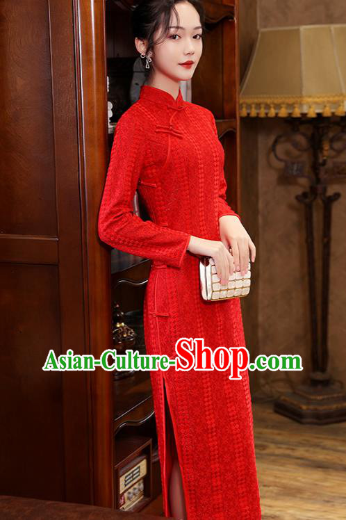 Chinese Bride Red Cheongsam Classical Wedding Qipao Dress Traditional National Toast Costume
